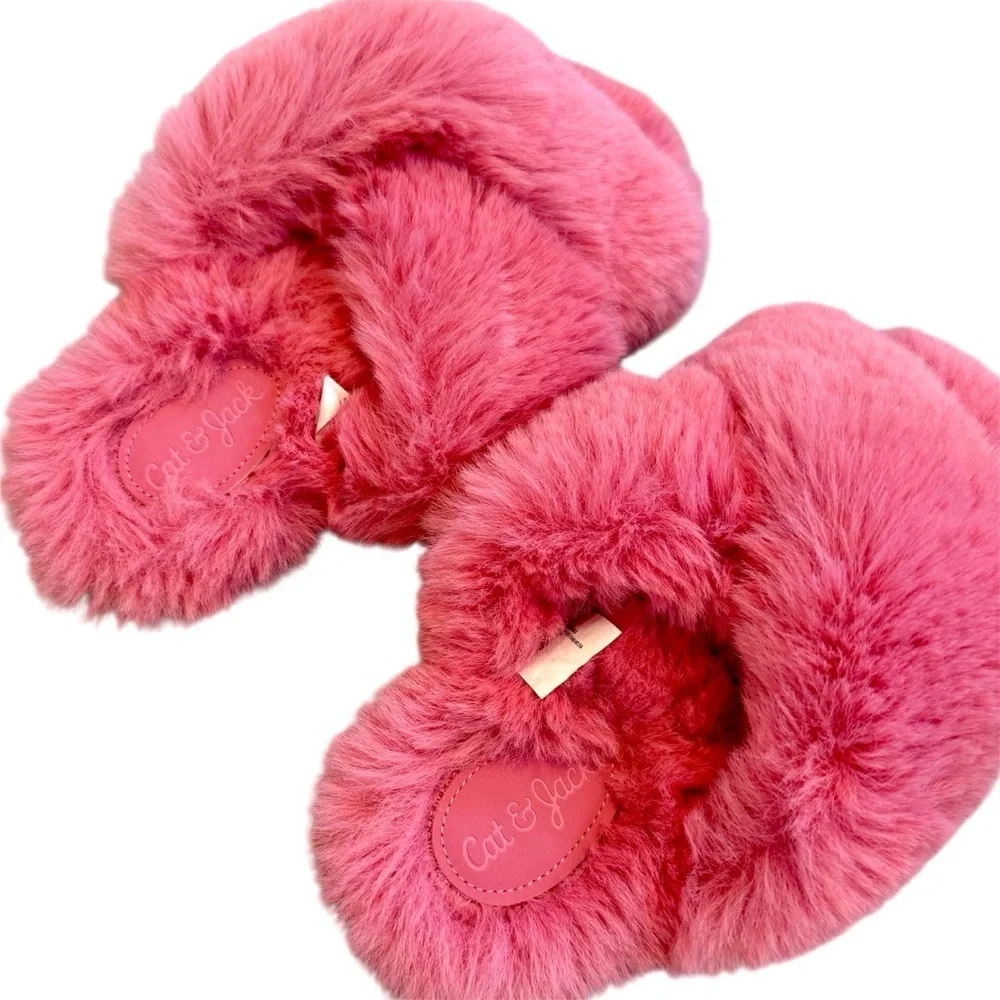Cat & Jack Pink Fur Open-Toe Brooklyn Slippers Like New Size S-1